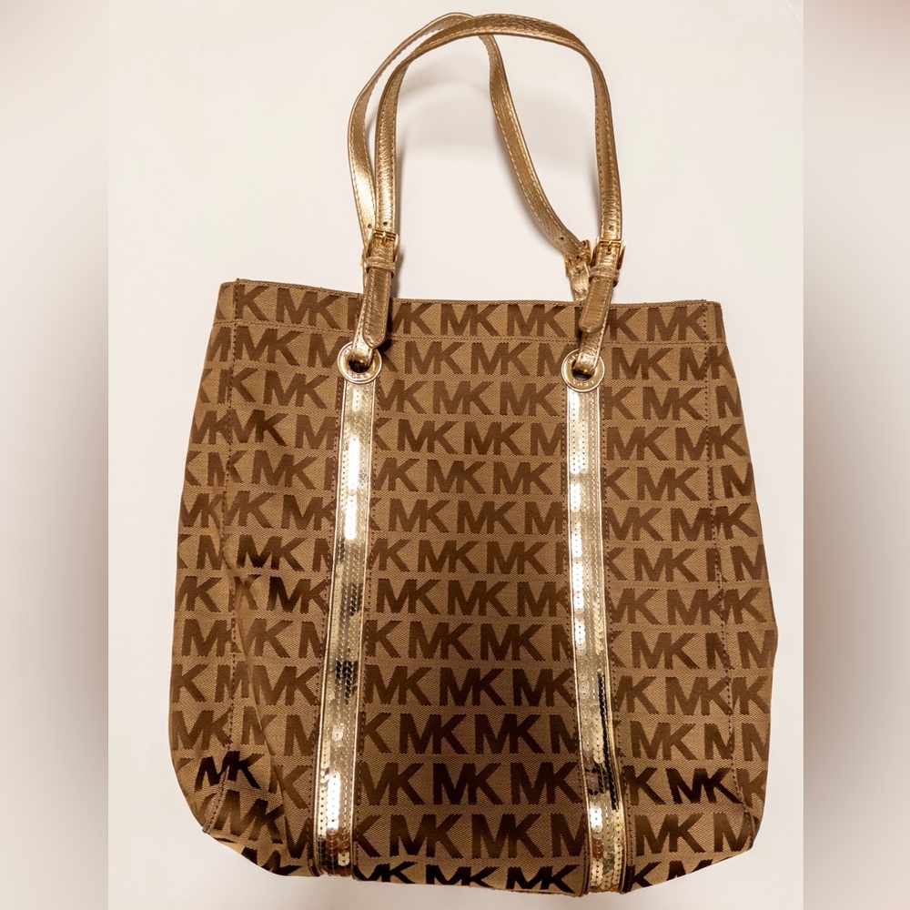 Michael Kors Gold Sequin Tote MK Monogram Shoulder Bag - Picture 5 of 5
